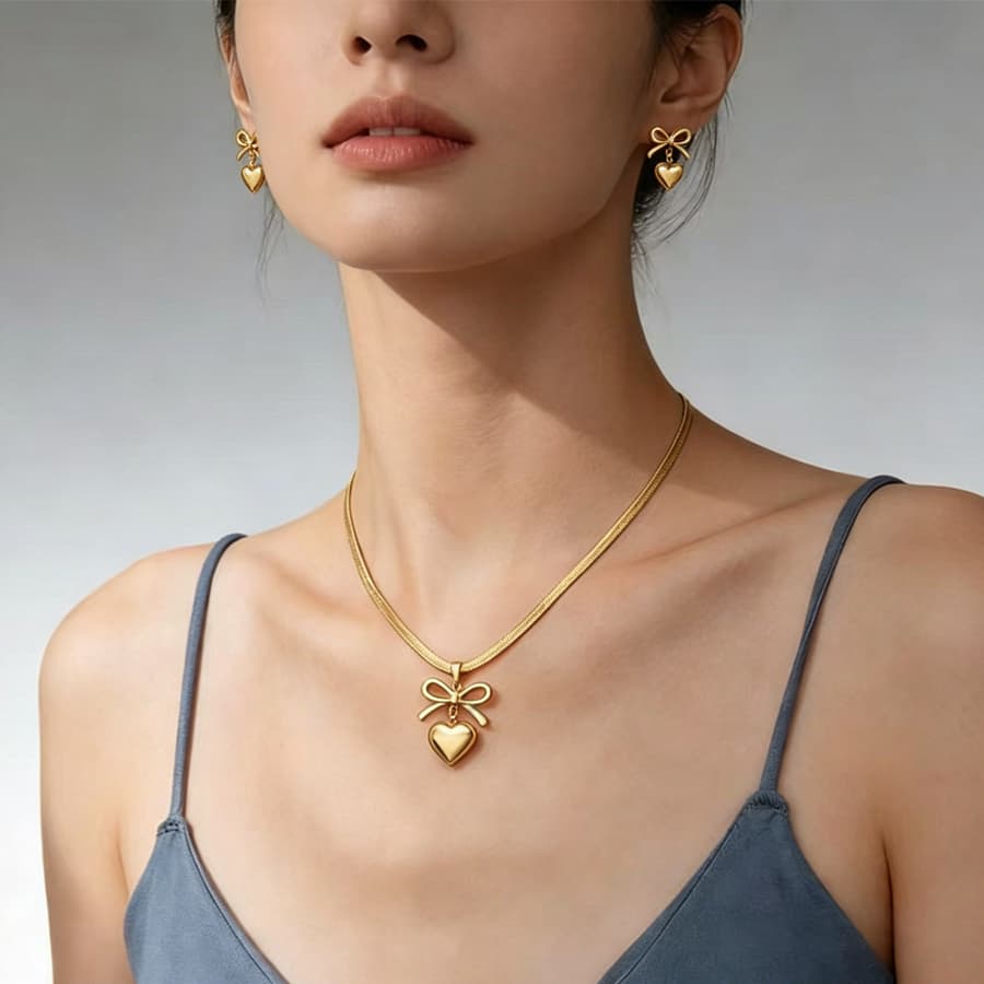 Women Bowknot 3D Puffy Heart Jewelry Set Snake Chain Necklace & Stud Earrings 2Pcs Gold Silver Tone Stainless Steel Romantic Valentine Gift Jewelry