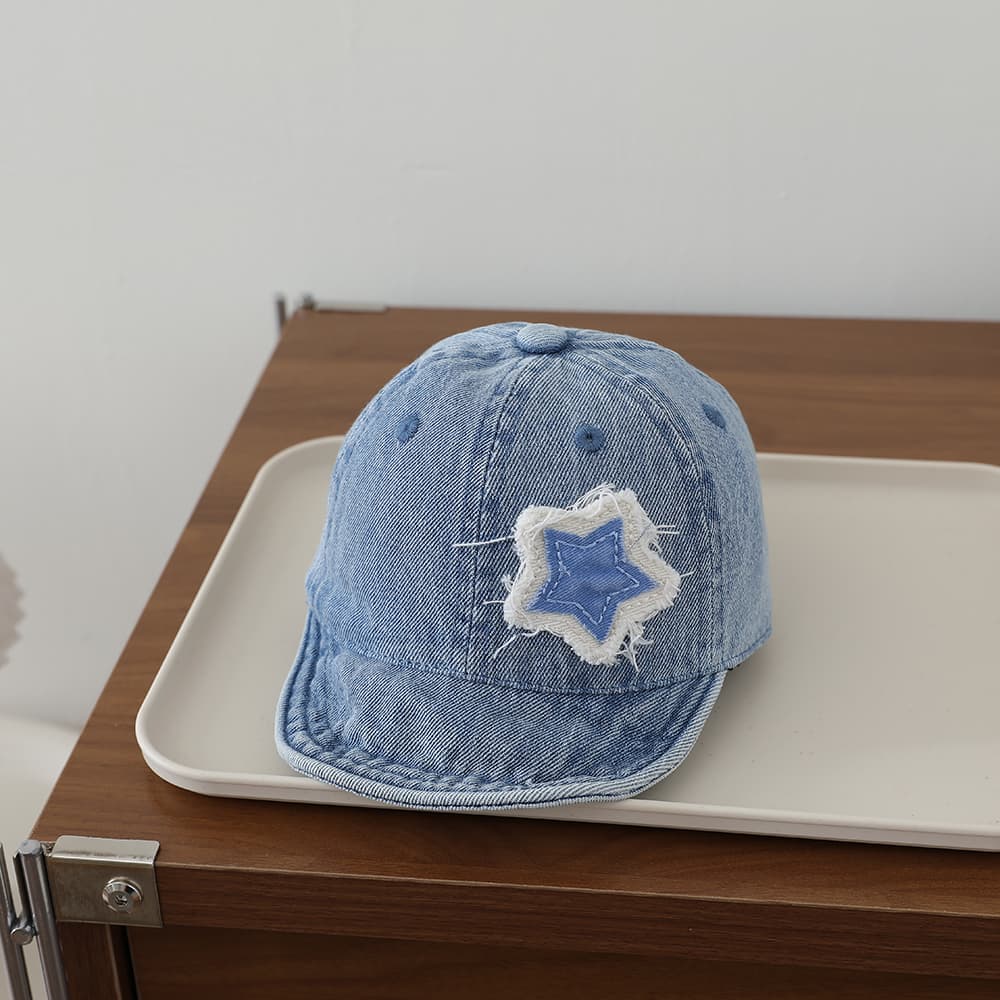 Ruffled Fabric Star Children's Denim Baseball Cap, Washed And Distressed Soft Brim Baby Beanie, Suitable For Outdoor Outings