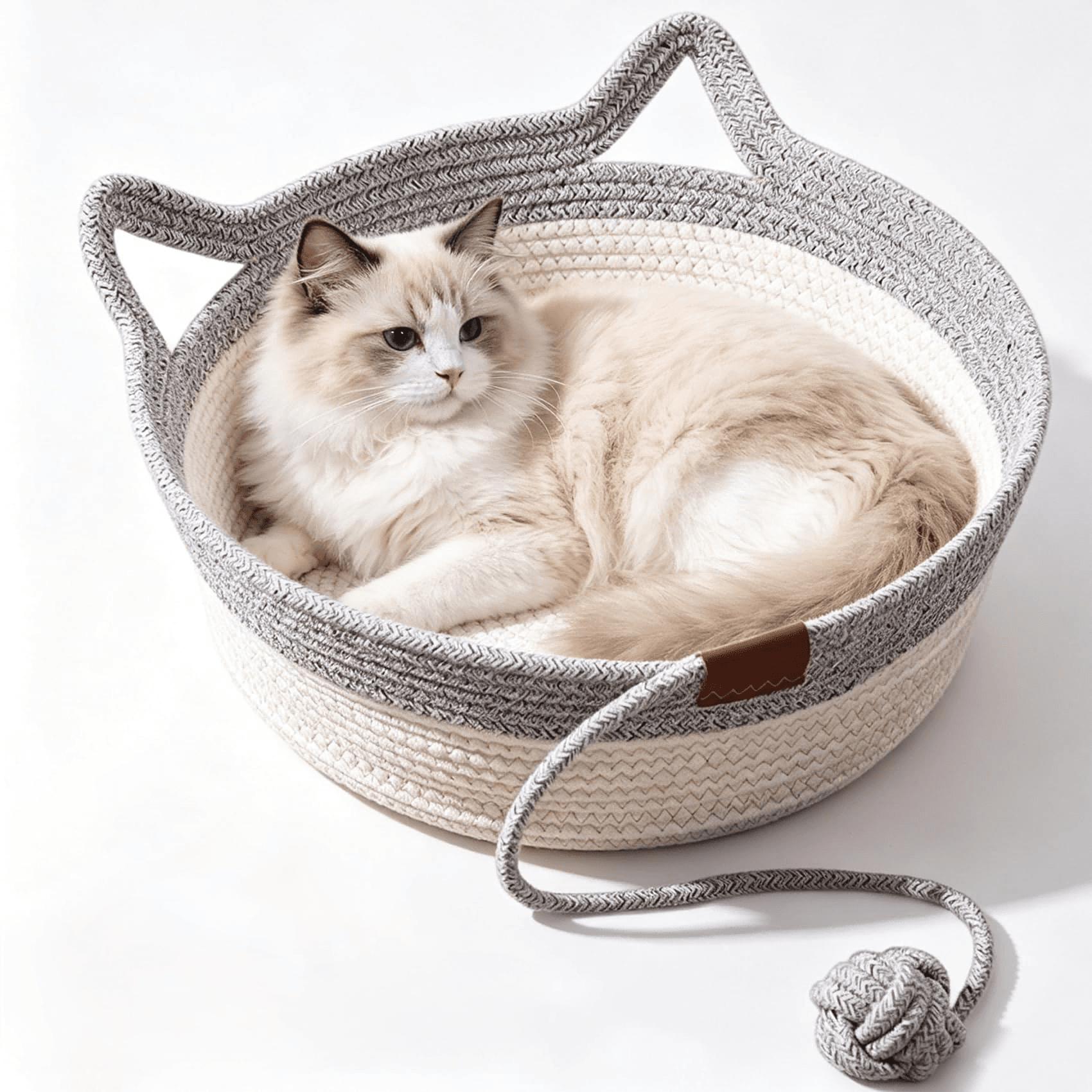 Basket For Cats, 35&40&46cm Stimuli Handwoven Cat Basket Bed With Cat Ear Handles, Cotton Rope Cat Basket Bed Ball Rope, Indoor Use For All Cats