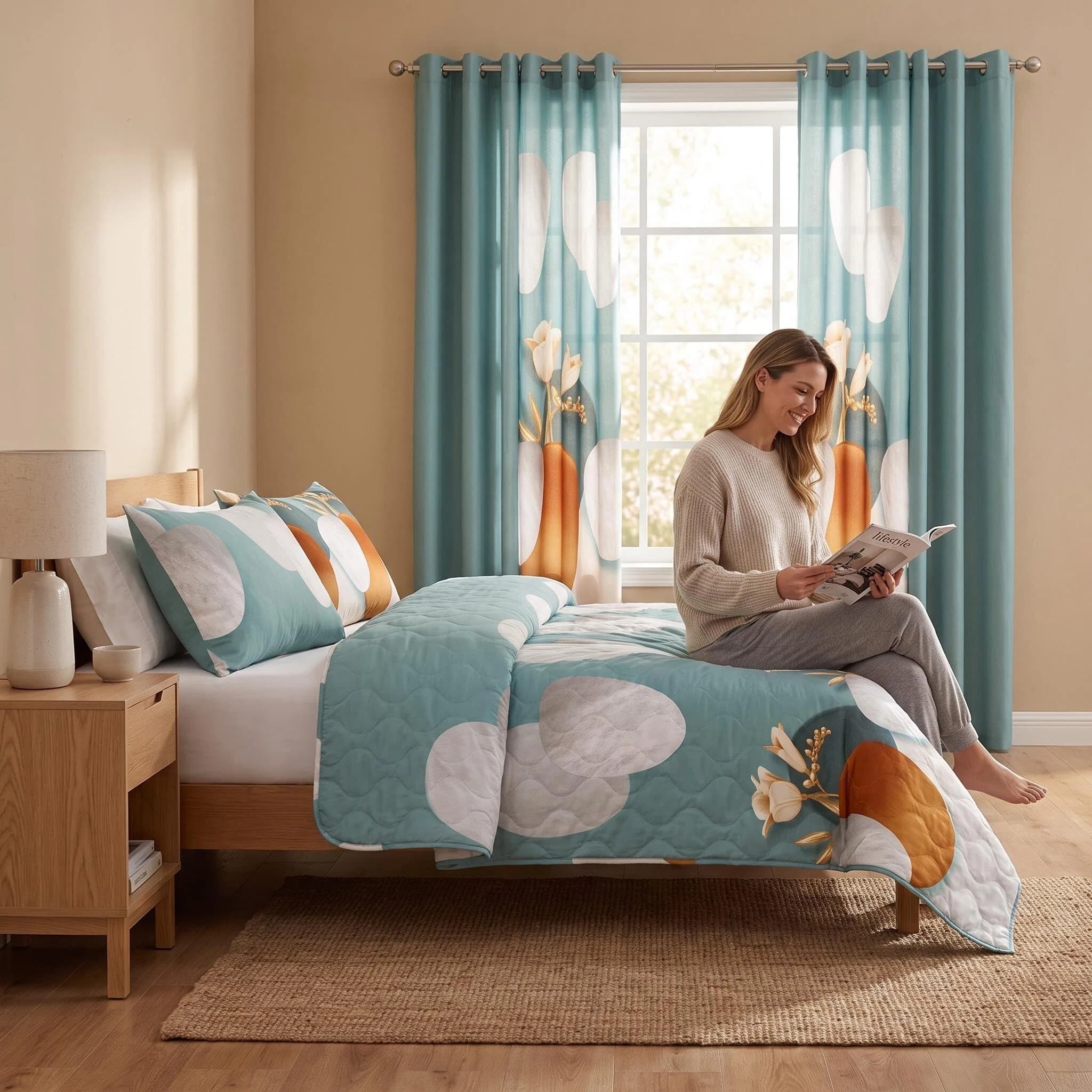 9-Piece Green Dot Quilted Bedspread And Curtain Set, Microfiber Bed Cover With 2 Pillow Shams And 6 Window Curtain Panels, Twin XL, Queen, King And California King