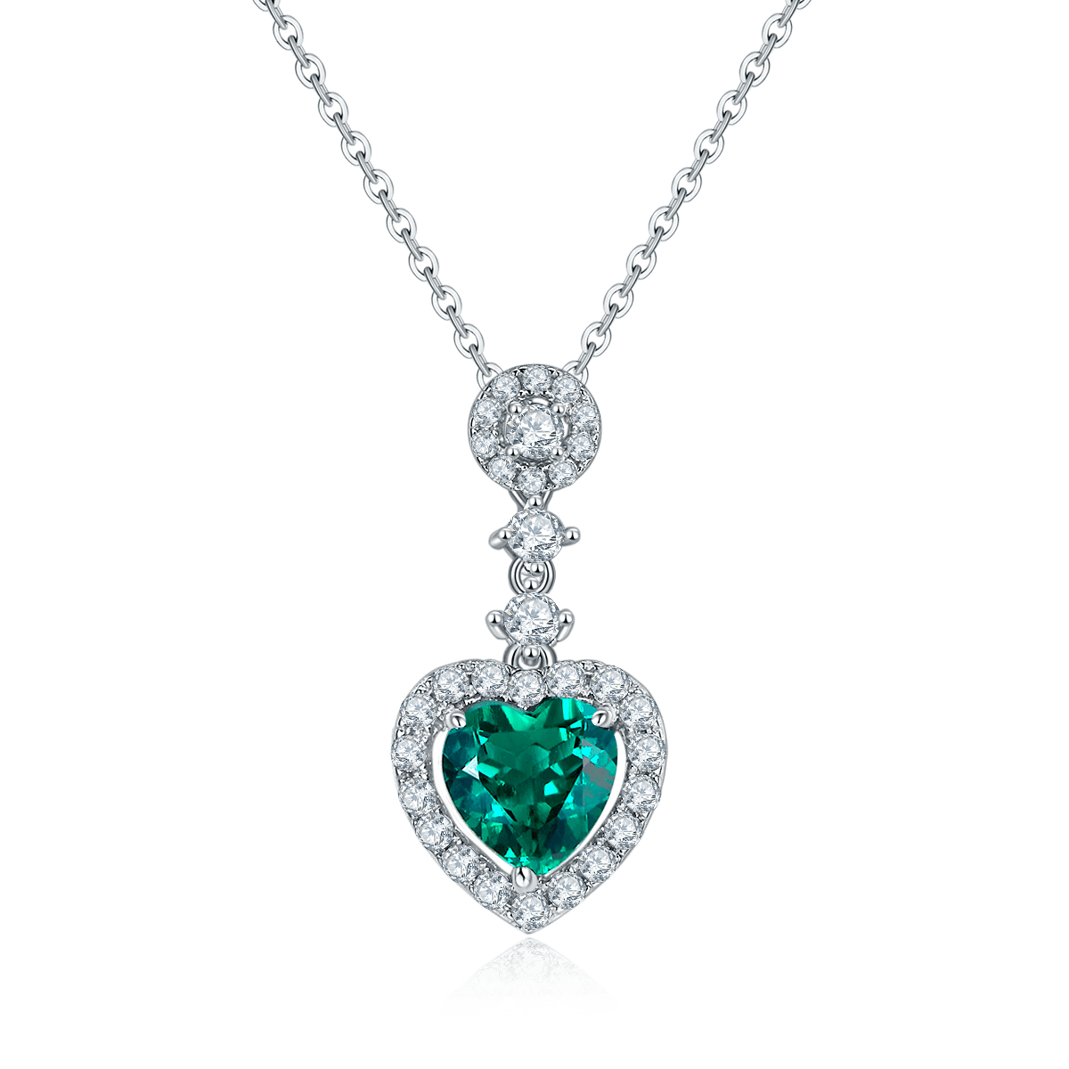 S925 Silver 4.2g Platinum Plated 1.45ct Lab-Created Emerald Heart Necklace, 8mm Halo Pendant, 40&5cm