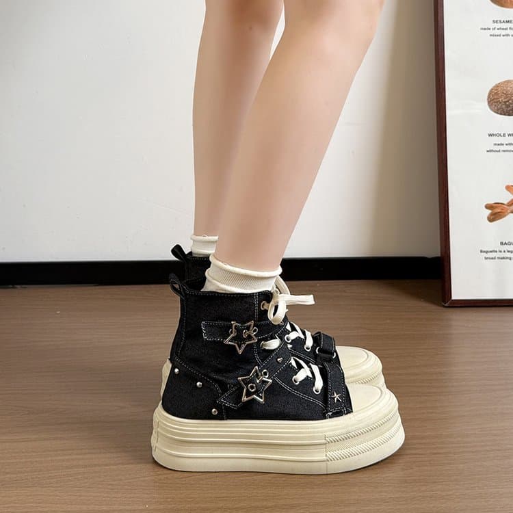 2026 New Arrival Women's Unique Elevating StarPattern Platform HighTop Shoes, Fashion Versatile Casual Skate Canvas Shoes