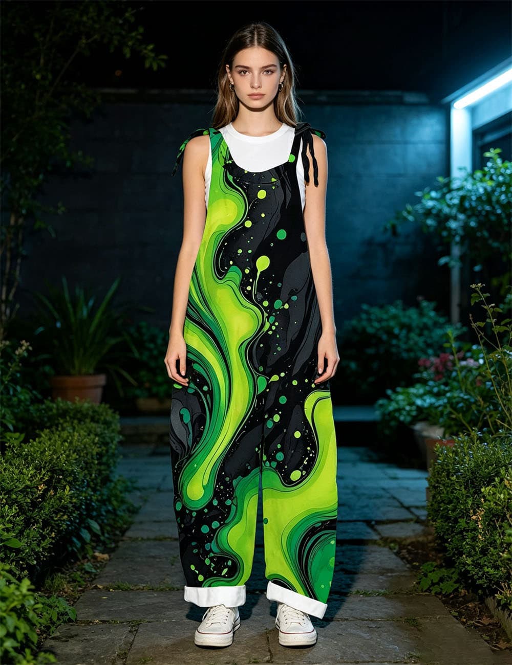 Women's Abstract Green Swirl Print Overalls Tie Shoulder Wide Leg Jumpsu