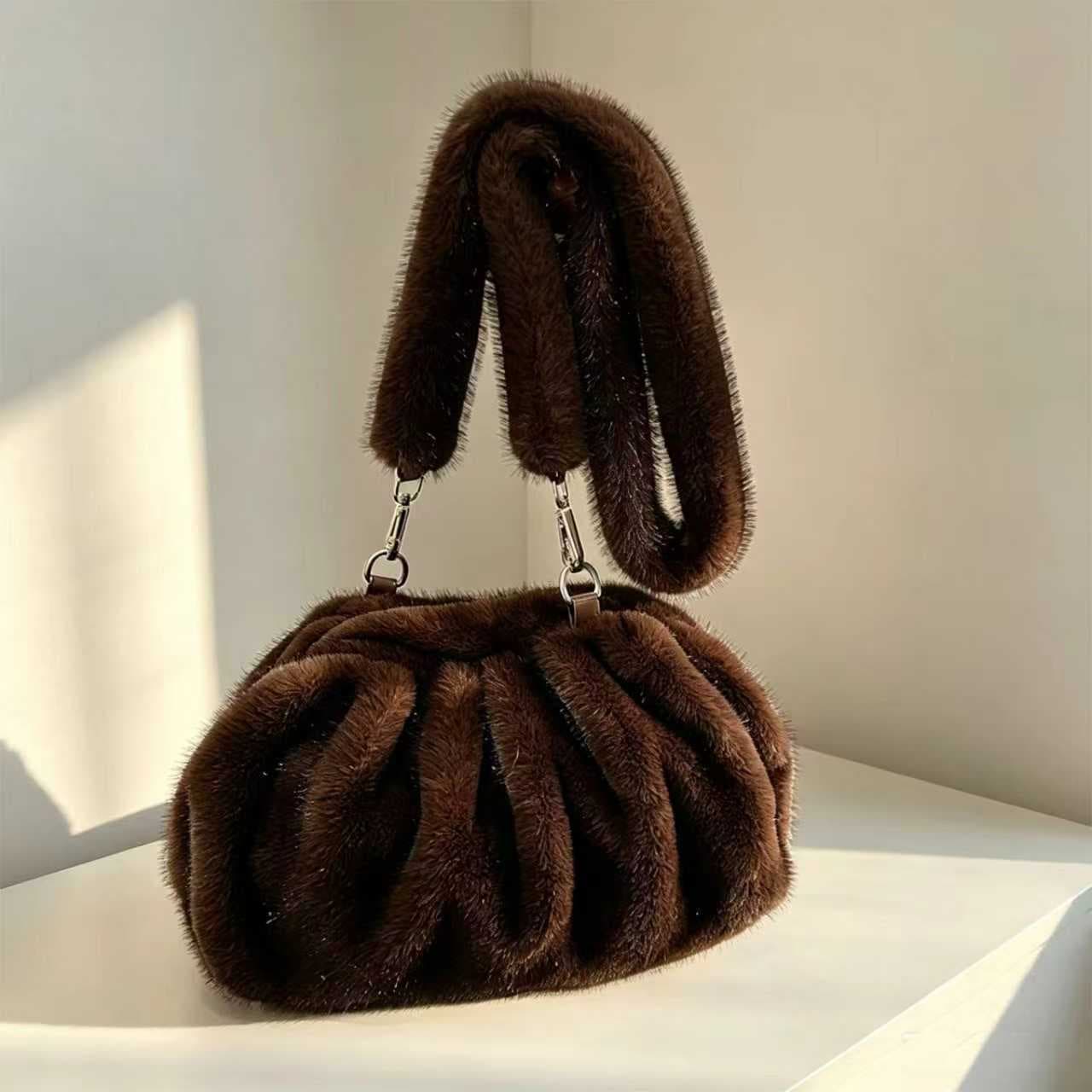 2026 New Plush Shoulder Bag Women's Fashion Imitation Mink Fur Pleated Cloud Bag Autumn And Winter Versatile Crossbody Bag - Deep Coffee
