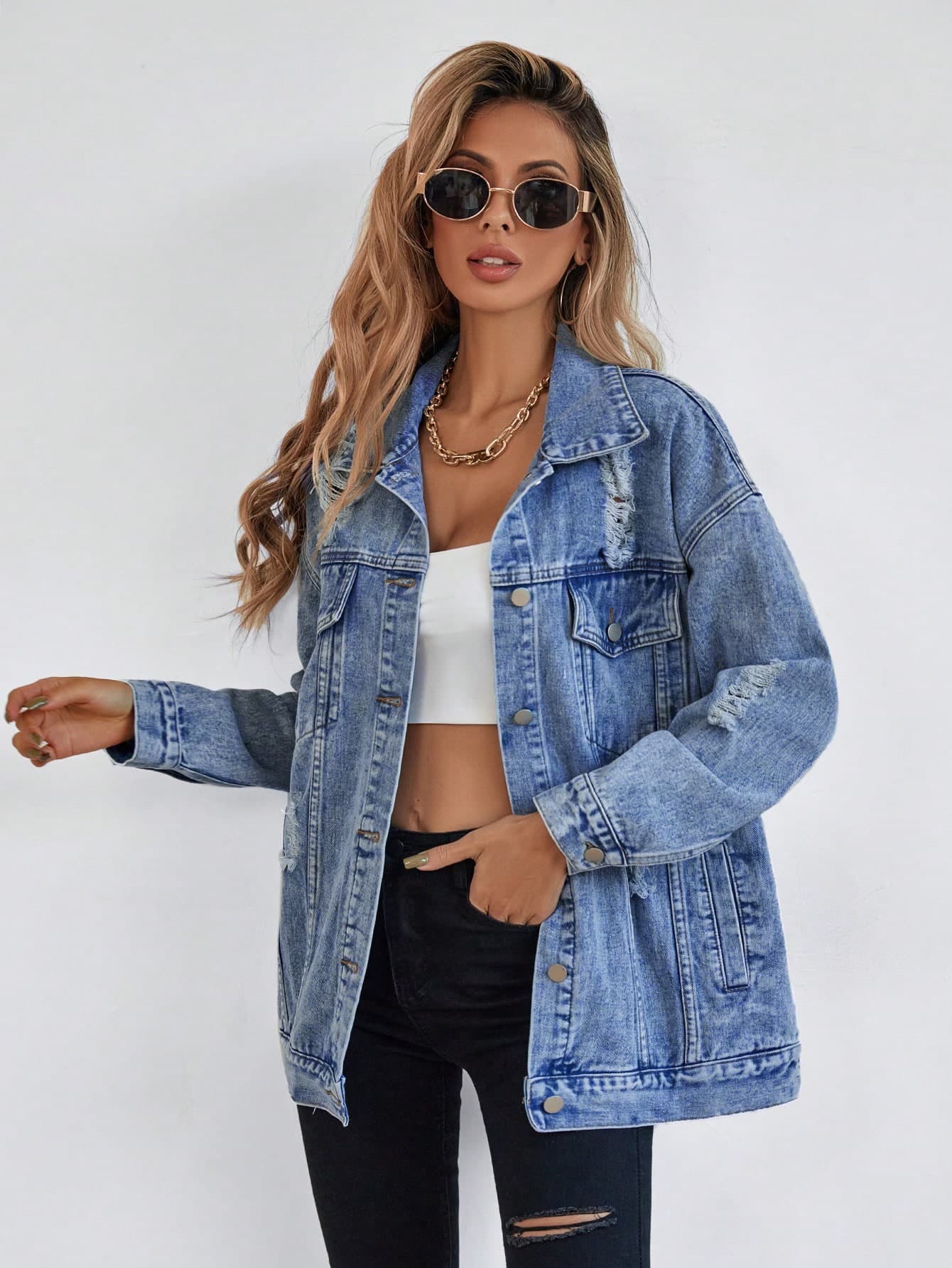 Europe And The United States Cross-border Amazon Foreign Trade Women's New Denim Coat Fashion Denim Jacket Boyfriend Hole Imitation Old