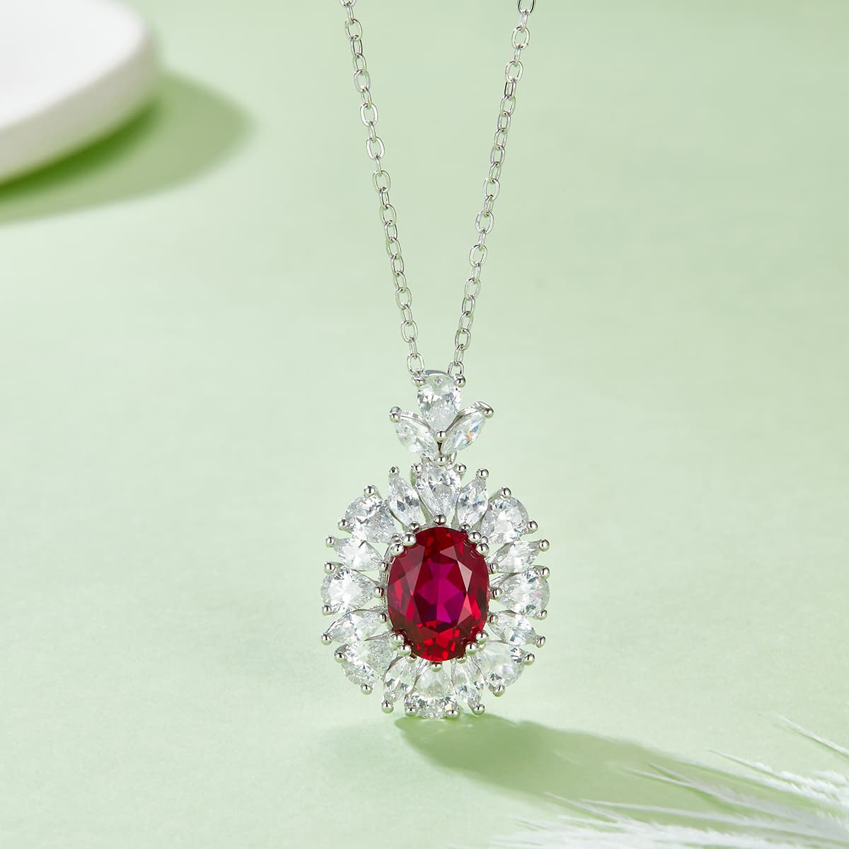 S925 Silver 4.6g Platinum Plated 2ct Lab-Created Ruby Necklace, 9x7mm Vintage Halo, 40&5cm