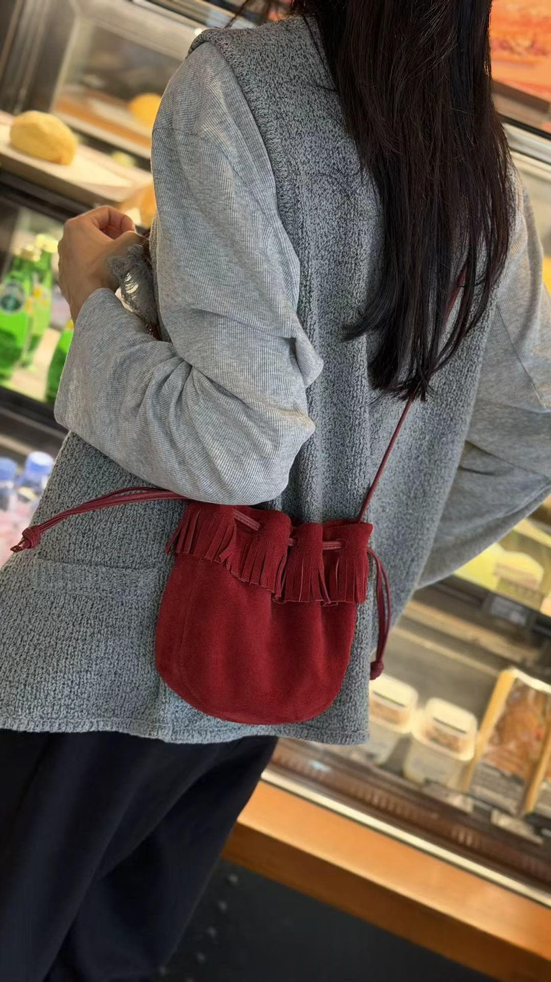 Tassel Bucket Bag, Genuine Leather Single Shoulder Diagonal Cross Bag, 2026 New Drawstring Armpit Bag, High-end Women's Commuting Small Bag - Red