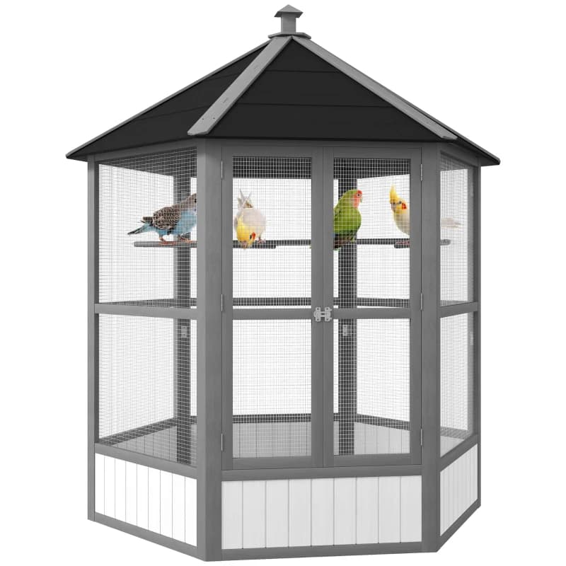 69 Wooden Hexagonal Outdoor Aviary Flight Bird Cage With Covered Roof, Light Gray