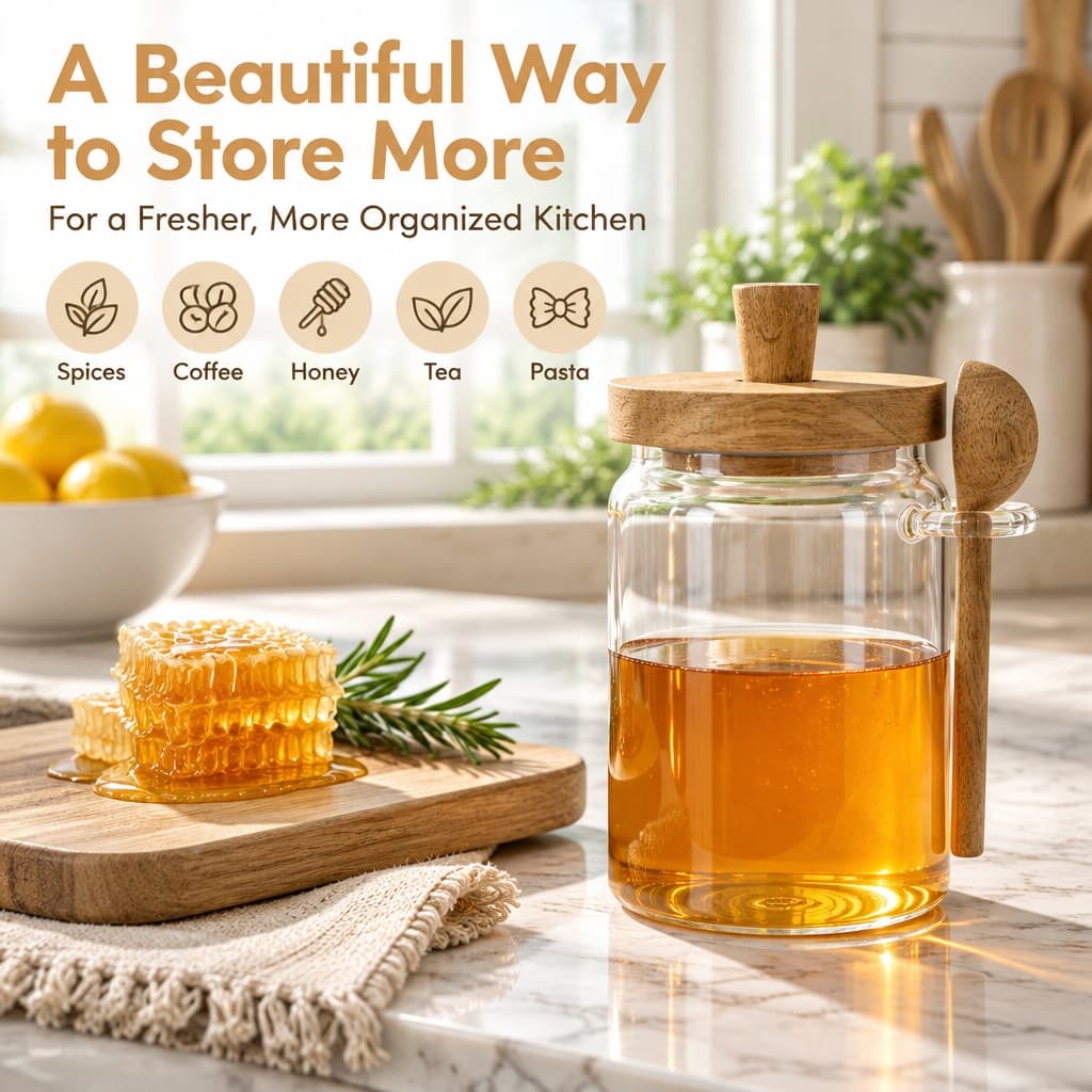 Glass Storage Jar With Acacia Wood Lid And Spoon, Airtight Borosilicate Canister For Honey Coffee