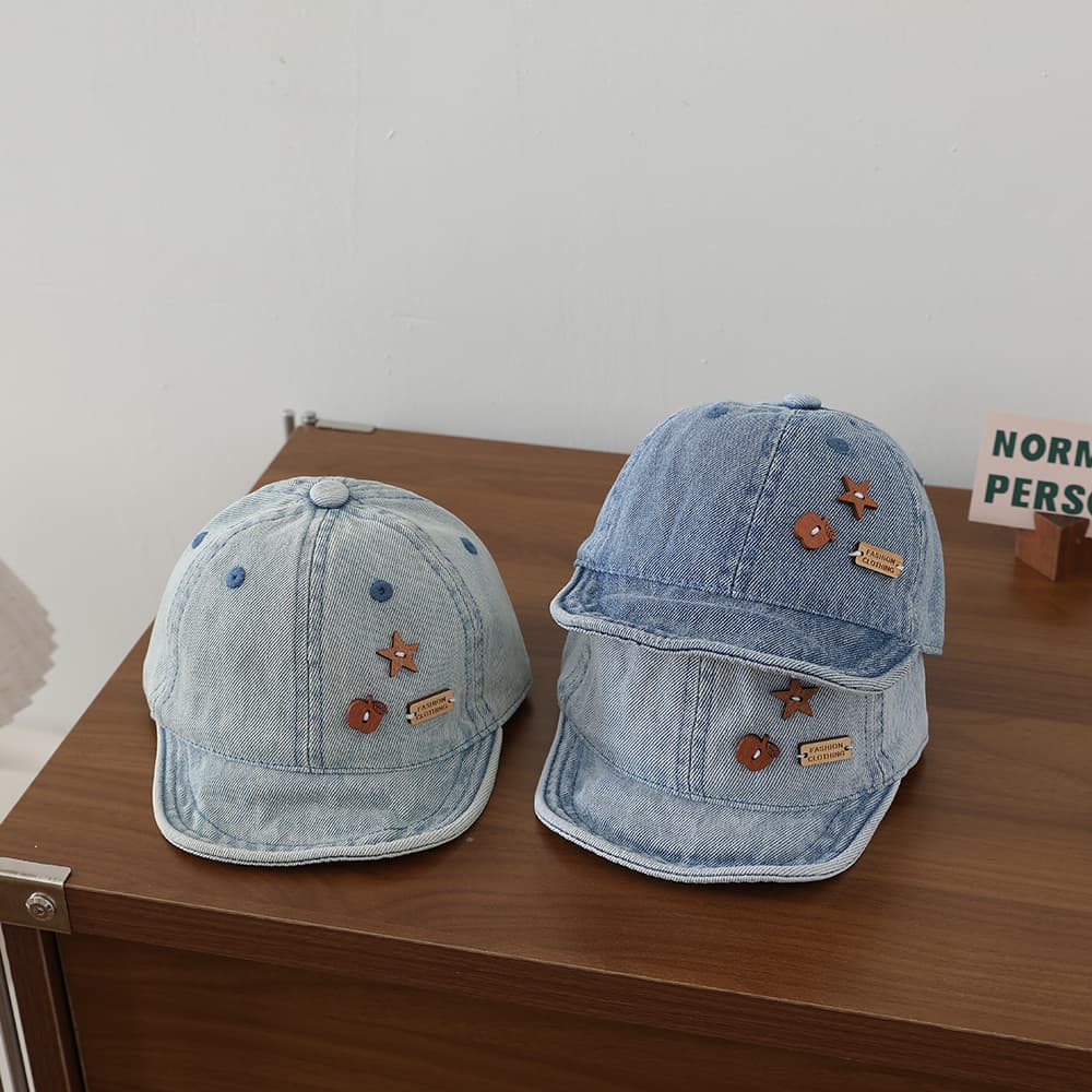 Star Apple Patch Children's Denim Baseball Cap - Retro Washed Soft Top Children's Baseball Cap For Outdoor Versatility