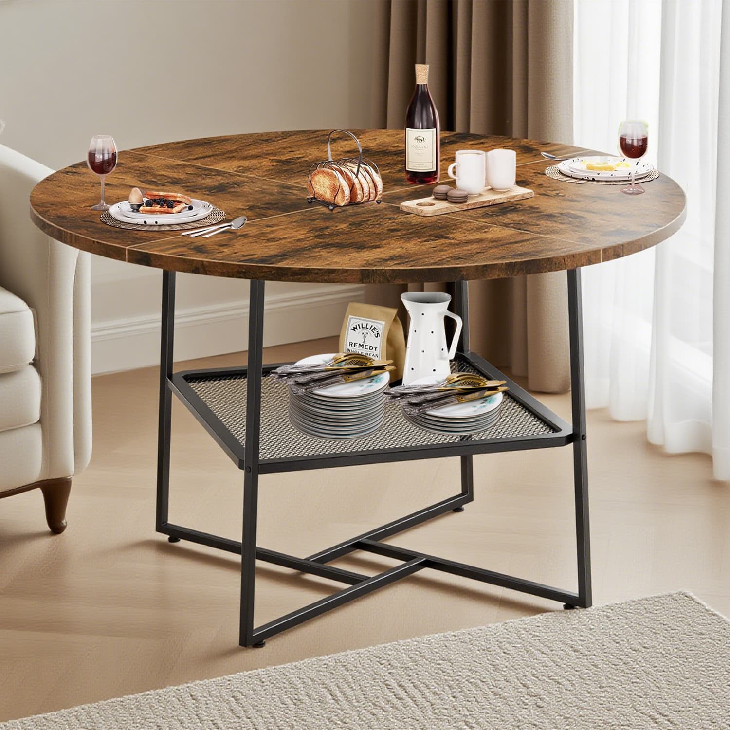 51in Round Dining Table For 4-6  Tiger Stripes Black Wooden Dining Room Table With Storage Shelf Space Saving Circle Dinner Table With Metal Legs For Kitchen Living Room Dining Restaurant Furniture
