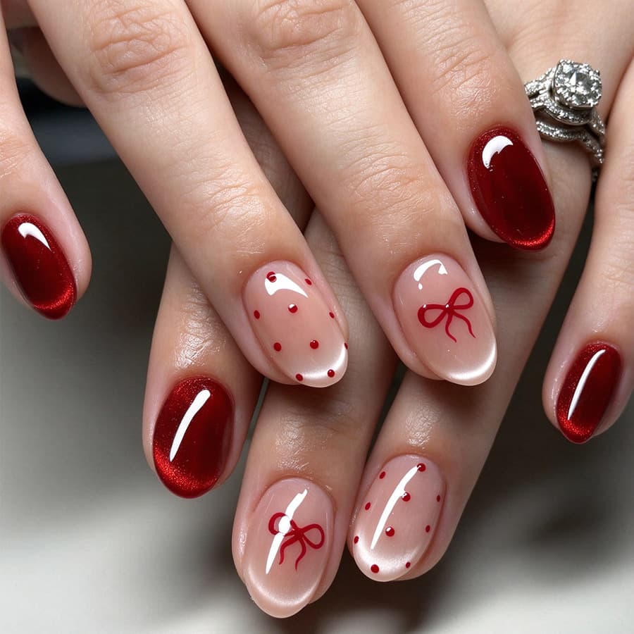 30 Pcs Christmas Wine Red Press-On Nails, Almond Fake Nails With Gift Pattern And Polka Dot Decoration, Removable Artificial Nail Tips For Women, Holiday Manicure Set