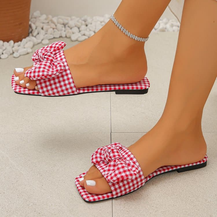 New Fairy Style Open Toe Bow Strap French Slide Sandals For Women Square Toe Outdoor Summer Slides