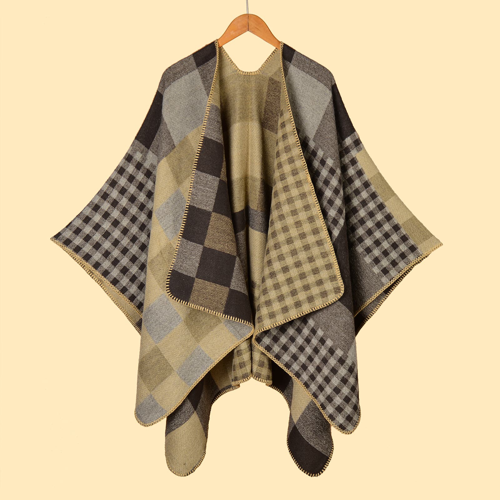 Women's All-Match Geometric Pattern Jacquard Split Shawl, Warm Travel Photo Outerwear Cape