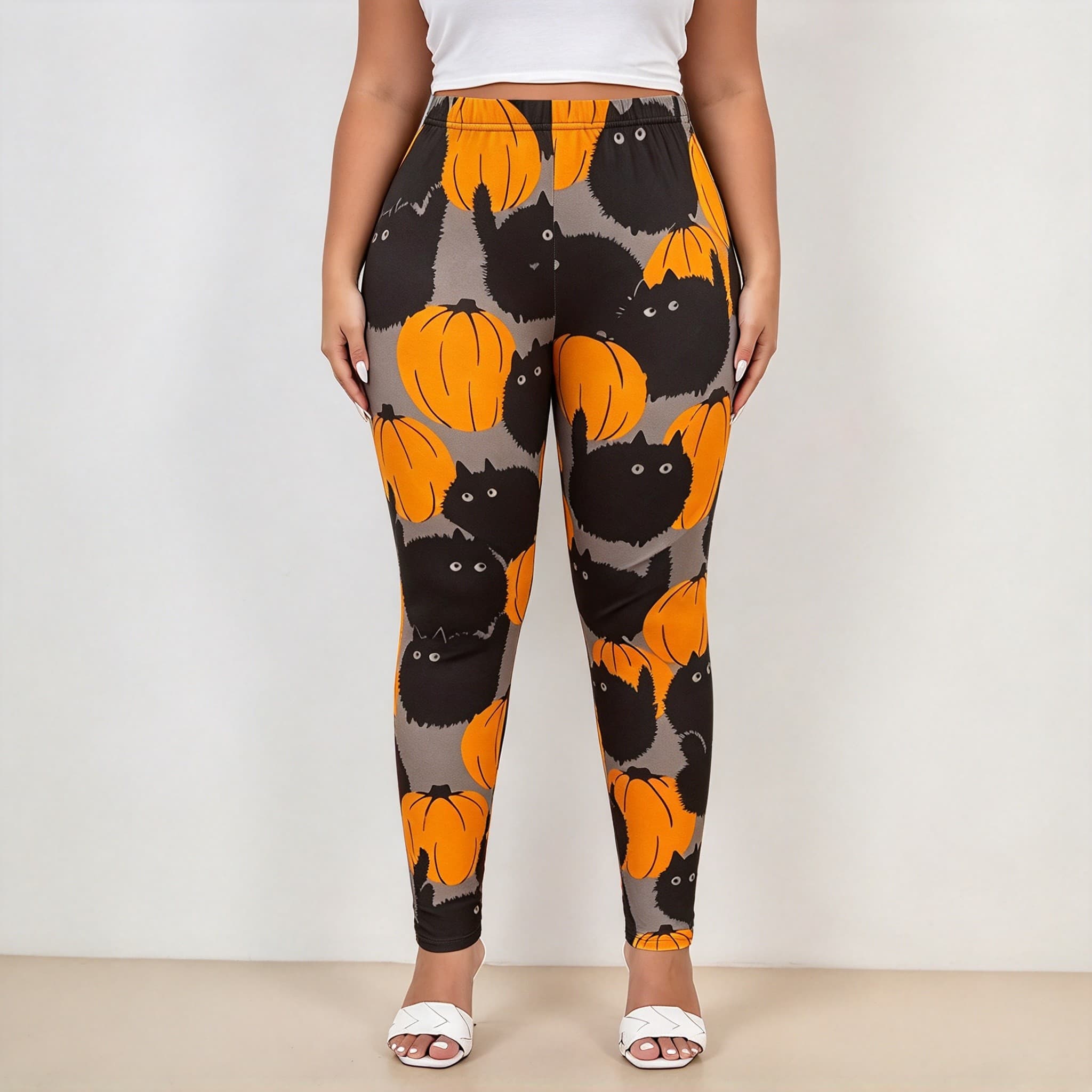 Women's Plus Size Halloween Pumpkin Black Cat Print Elastic Waist Leggings