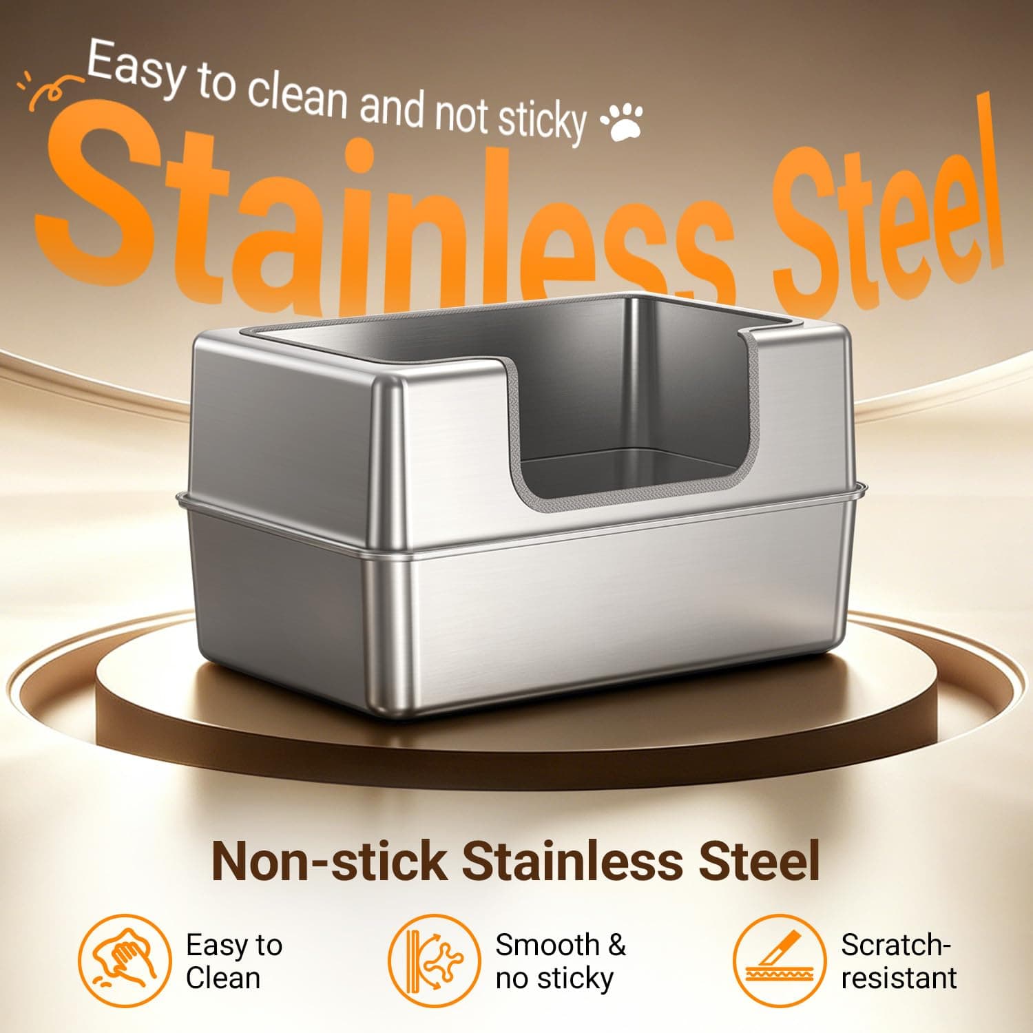 Non-Stick Entirely Stainless Steel Litter Box Splash-Proof & Leak-Proof Seamless Seal, High-Sided, Cat Litter Box With Lid For Multi-Cats, Easy-Clean & Durable