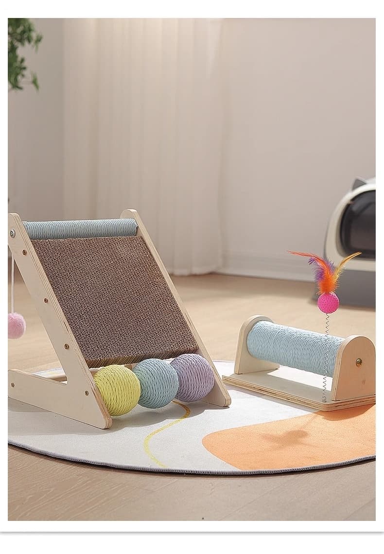 L-Shaped Wall-Mounted Corrugated Cat Scratcher With Sisal Ball