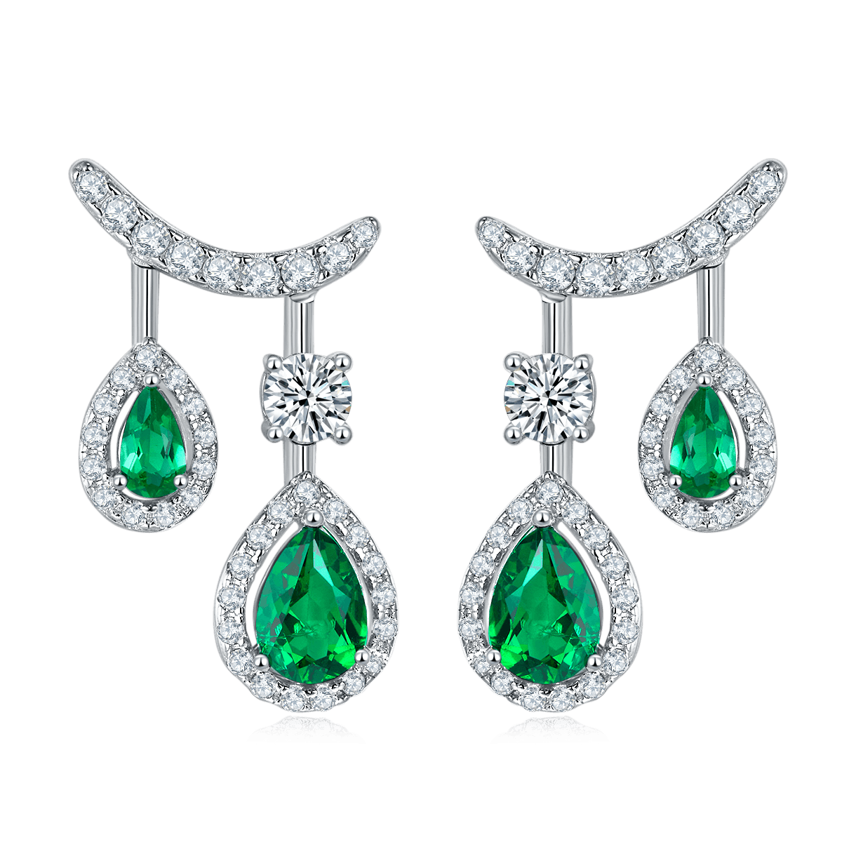 S925 Silver 4.9g 1.53ct Lab-Created Emerald Drop Earrings, Double Pear