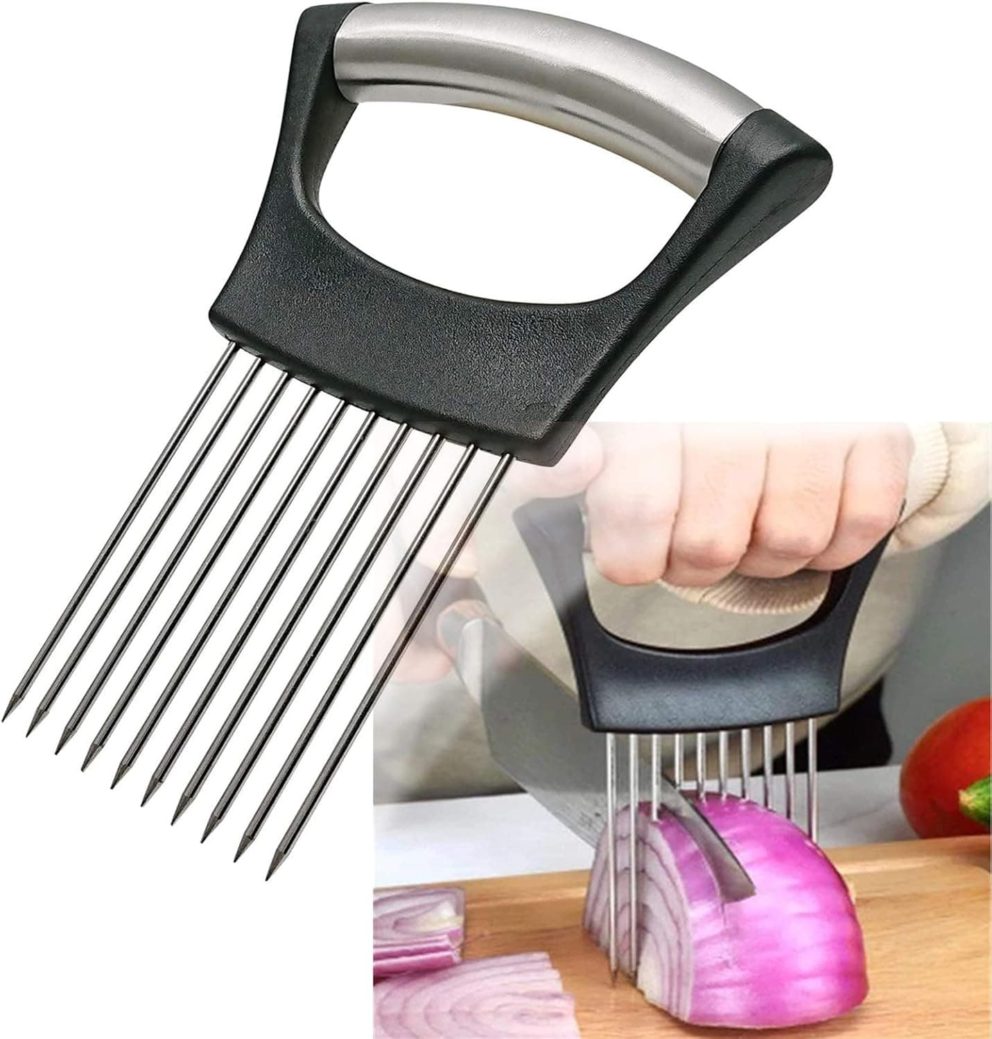 Stainless Steel Onion Holder For Slicing, Onion Slicer Guide, Kitchen Cutting Gadget For Safe Vegetable Slicing & Food Preparation