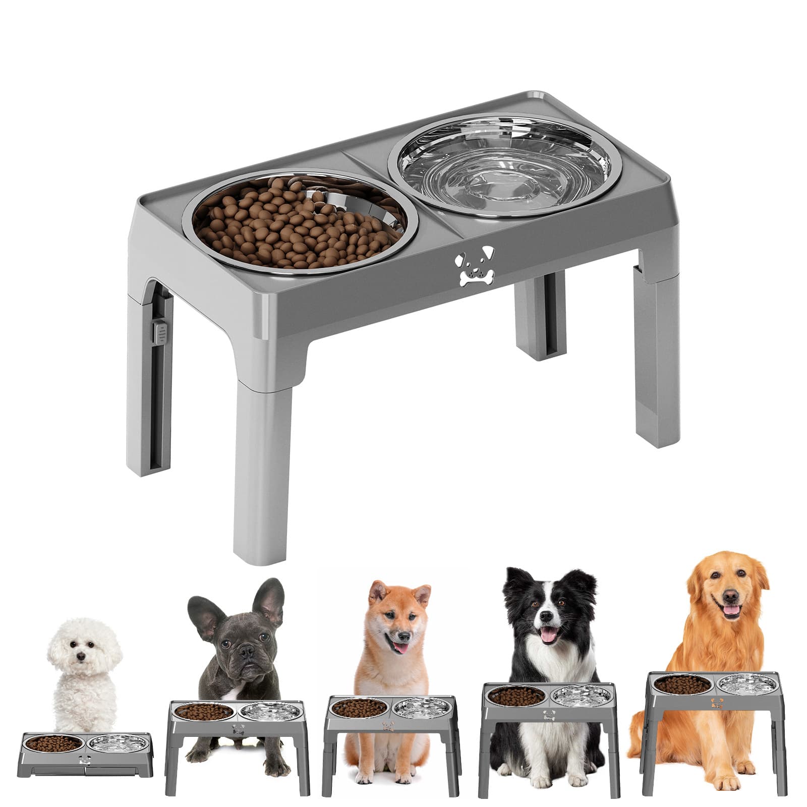 Elevated Dog Bowl 2 Stainless Steel Bowls, 5 Height Adjustable Stands Pet Medium And Large Dog Bowl Improves Digestion And Neck Support, Easy To Clean
