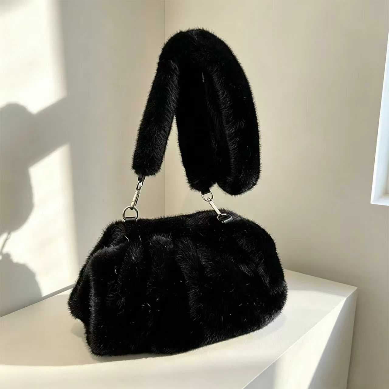 2026 New Plush Shoulder Bag Women's Fashion Imitation Mink Fur Pleated Cloud Bag Autumn-Winter Versatile Crossbody Bag - Black