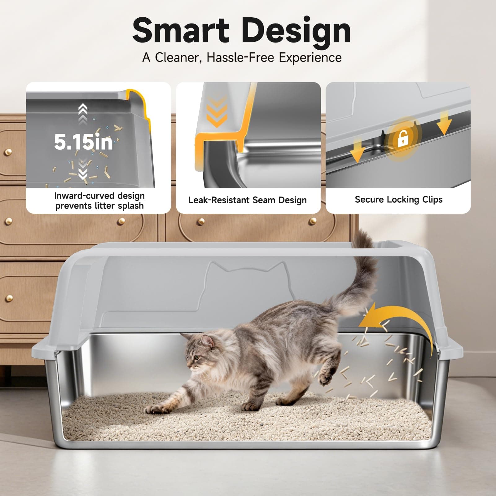 Stainless Steel Cat Litter Box For Cats, High-Sided Design Prevents Urine Leakage, Non-Stick, Easy To Clean, Includes Scoop, Gray