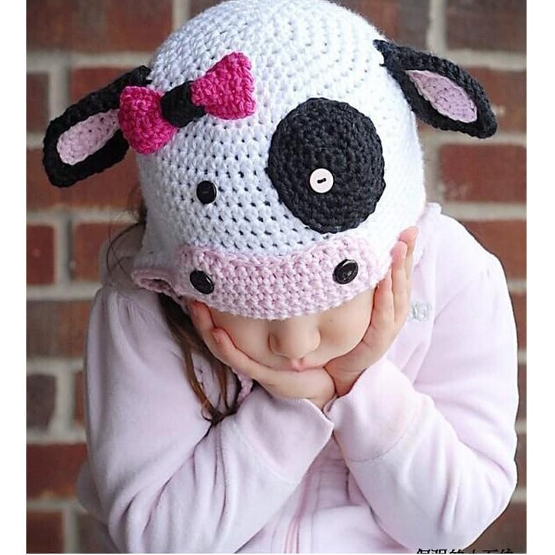 Hand Knitted Cute P Ink Cow Baby Beanie Hat, Cartoon Versatile Knitted Cap For Infant & Toddler