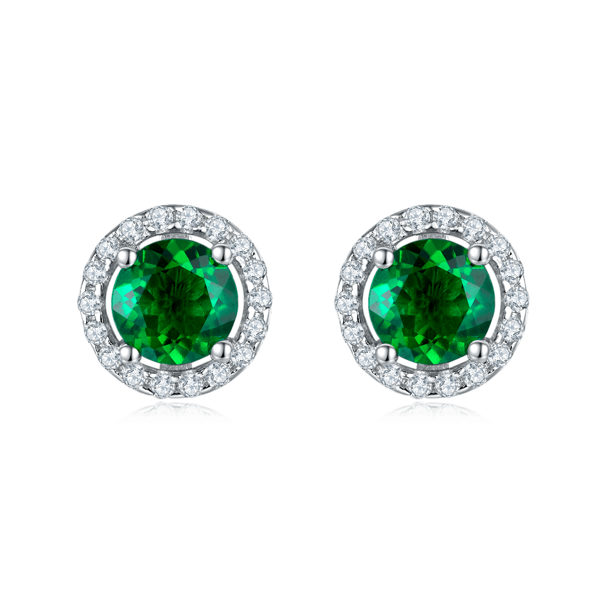 S925 Silver 2.6g Lab-Created Emerald Halo Stud Earrings, 1ct 5mm, Pair