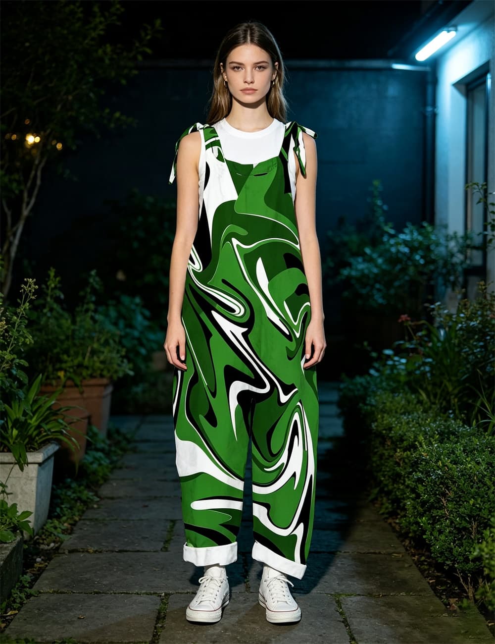 Women's Tie Shoulder Overalls, Green Black White Abstract Swirl Print Wide Leg Jumpsuit