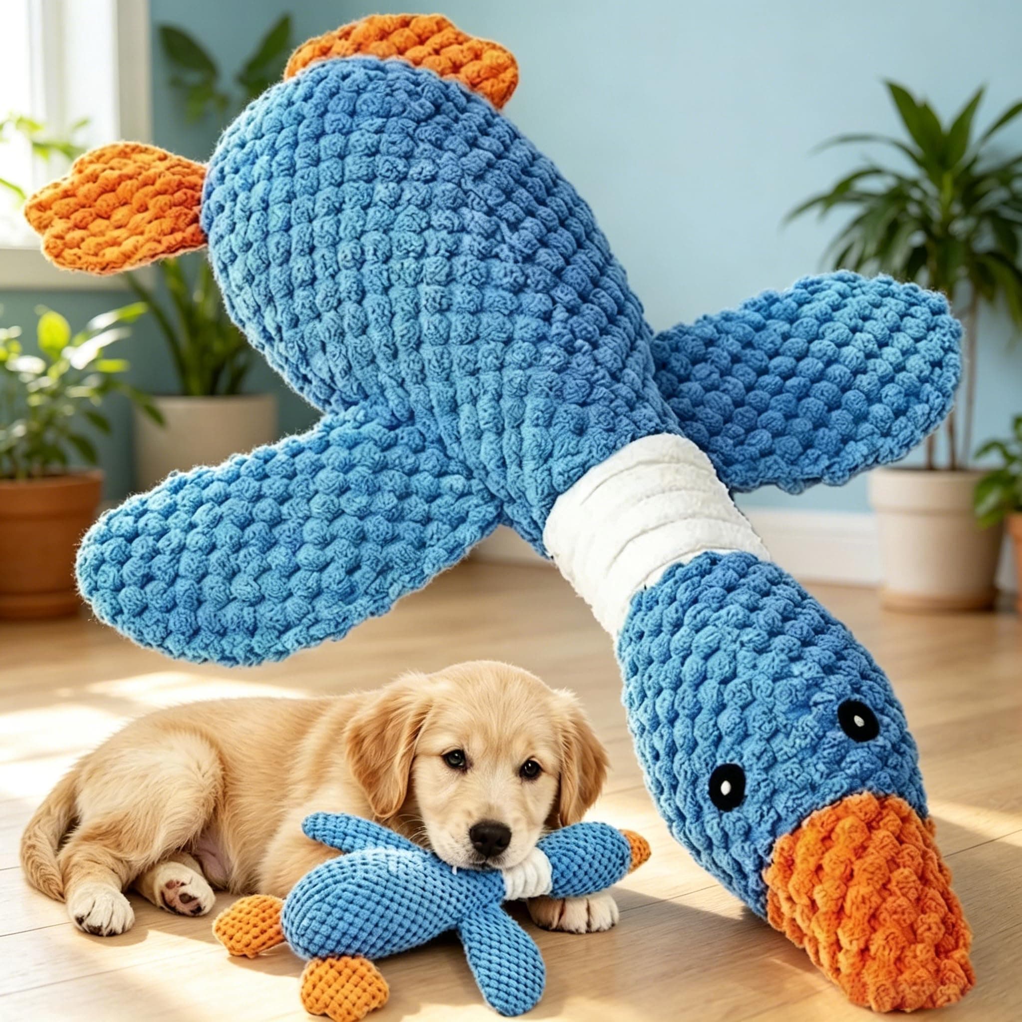 Duck Dog Toys For Aggressive Chewers - Fun Crinkle Squeaky Plush Chew Toys The Best Duck Puppy Toys For Teething Relief