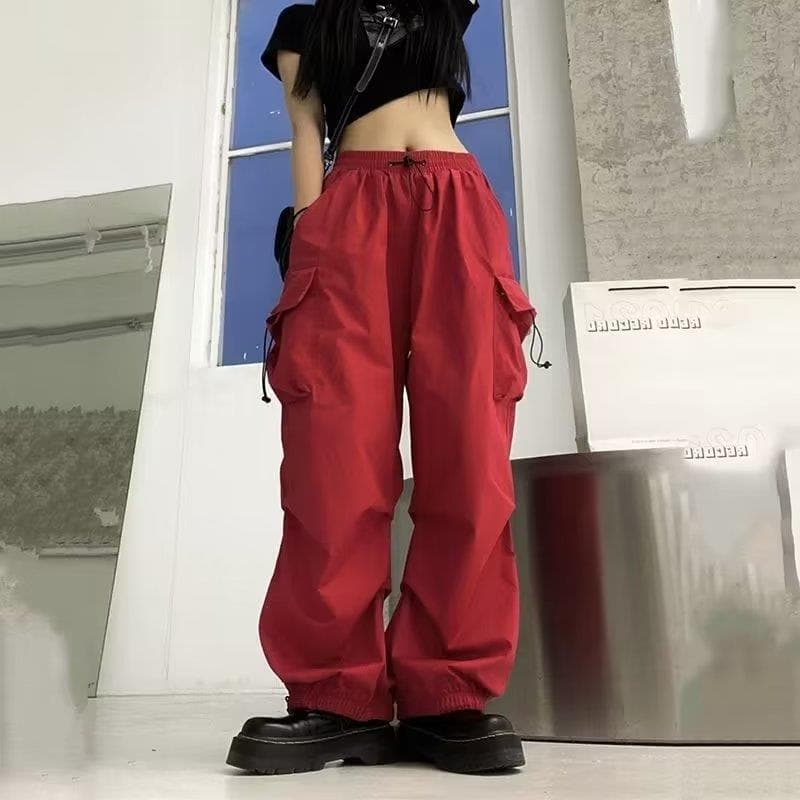American-style Vintage Work Pants For Men And Women, Summer Versatile Straight-leg, Drapey, Cuffed, Loose Wide-leg Casual Pants-red