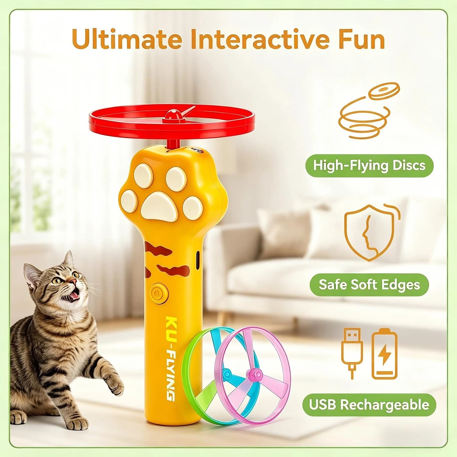 Cat Fetch Toy Flying Disc Launcher Rechargeable Interactive Cat Toys & 10 Discs