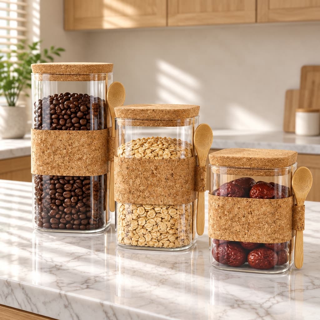 Square Glass Storage Jar With Cork Lid And Spoon, Borosilicate Canister With Sleeve For Coffee