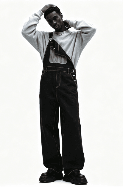 Black Denim Overalls Men Asymmetric One Shoulder Baggy Wide Leg Streetwear Jumpsuit US Ready Stock
