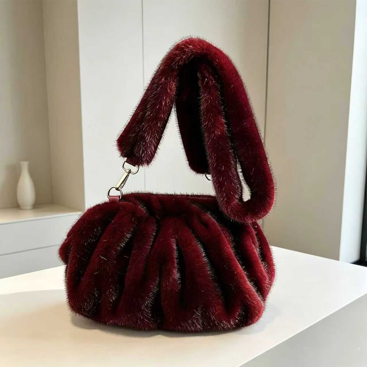 2026 New Plush Shoulder Bag For Women, Fashionable Imitation Mink Fur Pleated Cloud Bag, Autumn And Winter Versatile Crossbody Bag - Burgundy Color