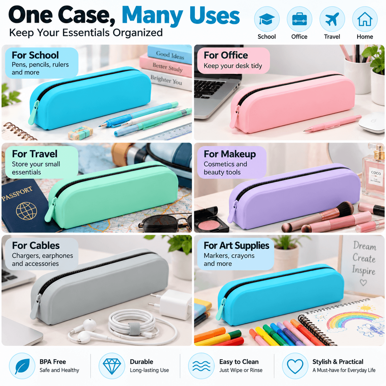 Silicone Pencil Case Large Capacity Waterproof Zipper Pen Bag Soft Portable Stationery Storage Pouch For School Office Travel