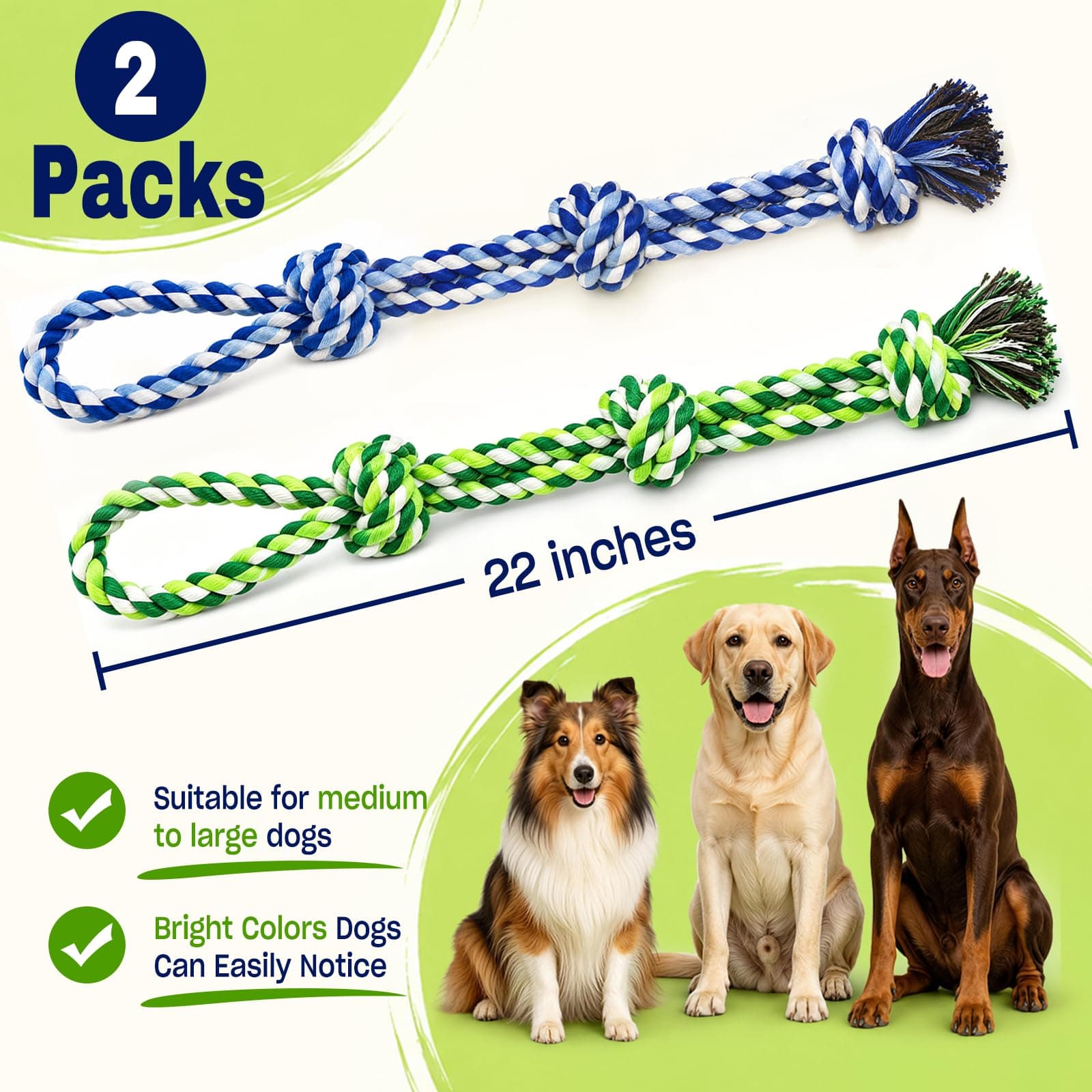 Dog Rope Toys For Aggressive Chewers, Tough Dog Chew Toys  Heavy Duty Tug Of War Dog Toys For Large Medium Dogs, 3 Knots Cotton Large Dental Rope Toys For Teeth Cleaning
