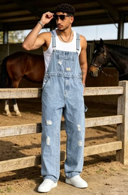 Light Wash Mens Denim Overalls Distressed Baggy Loose Fit Bib Dungarees Vintage Streetwear US Ready Stock