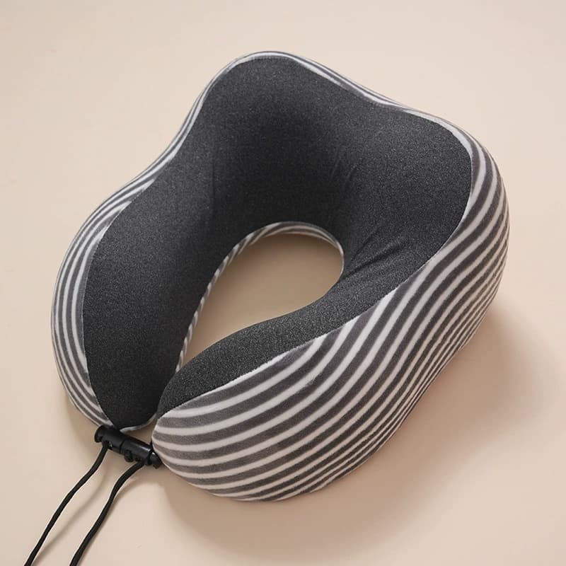 Striped Memory Foam U Shaped Neck Pillow  Ergonomic Travel Cervical Pillow With Adjustable Drawstring