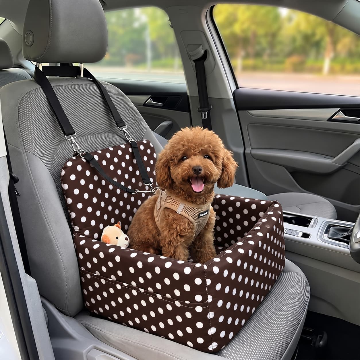 1pc Polka Dot Pet Car Seat Waterproof Dog Booster Basket With Double Safety Leash Pocket Removable Cushion For Small Dogs Cats