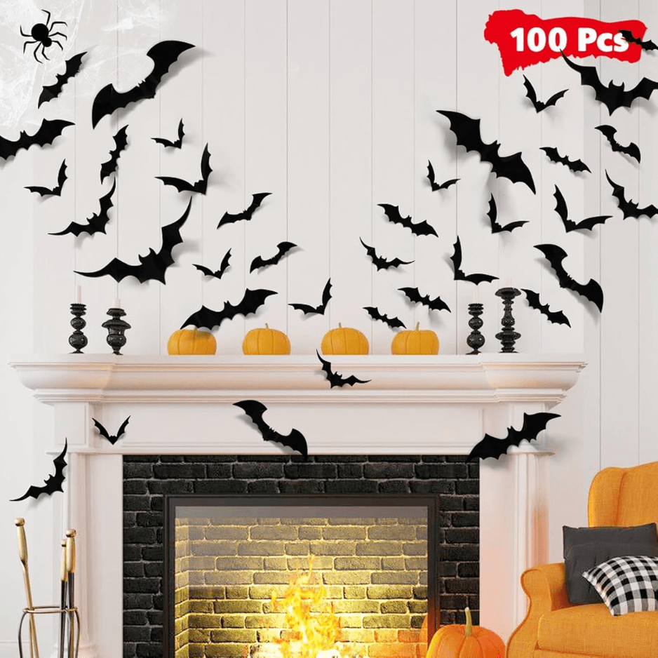 100Pcs Halloween Bat Wall Decor Stickers - 3D Black PVC Bat Decals For Spooky Indoor & Outdoor Party Decor