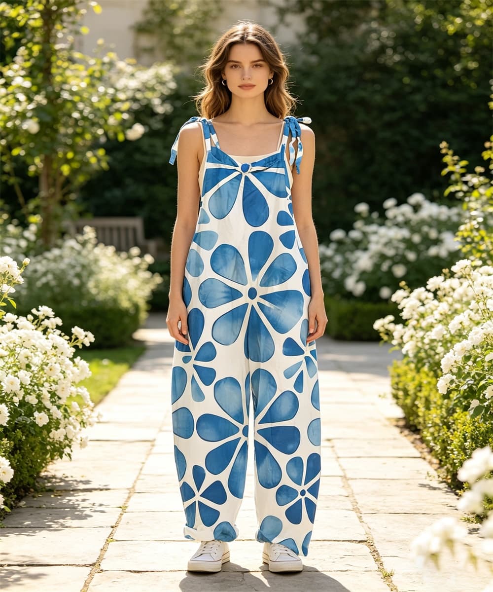 Women's Tie Shoulder Overalls, Blue White Large Floral Print Wide Leg Jumpsuit