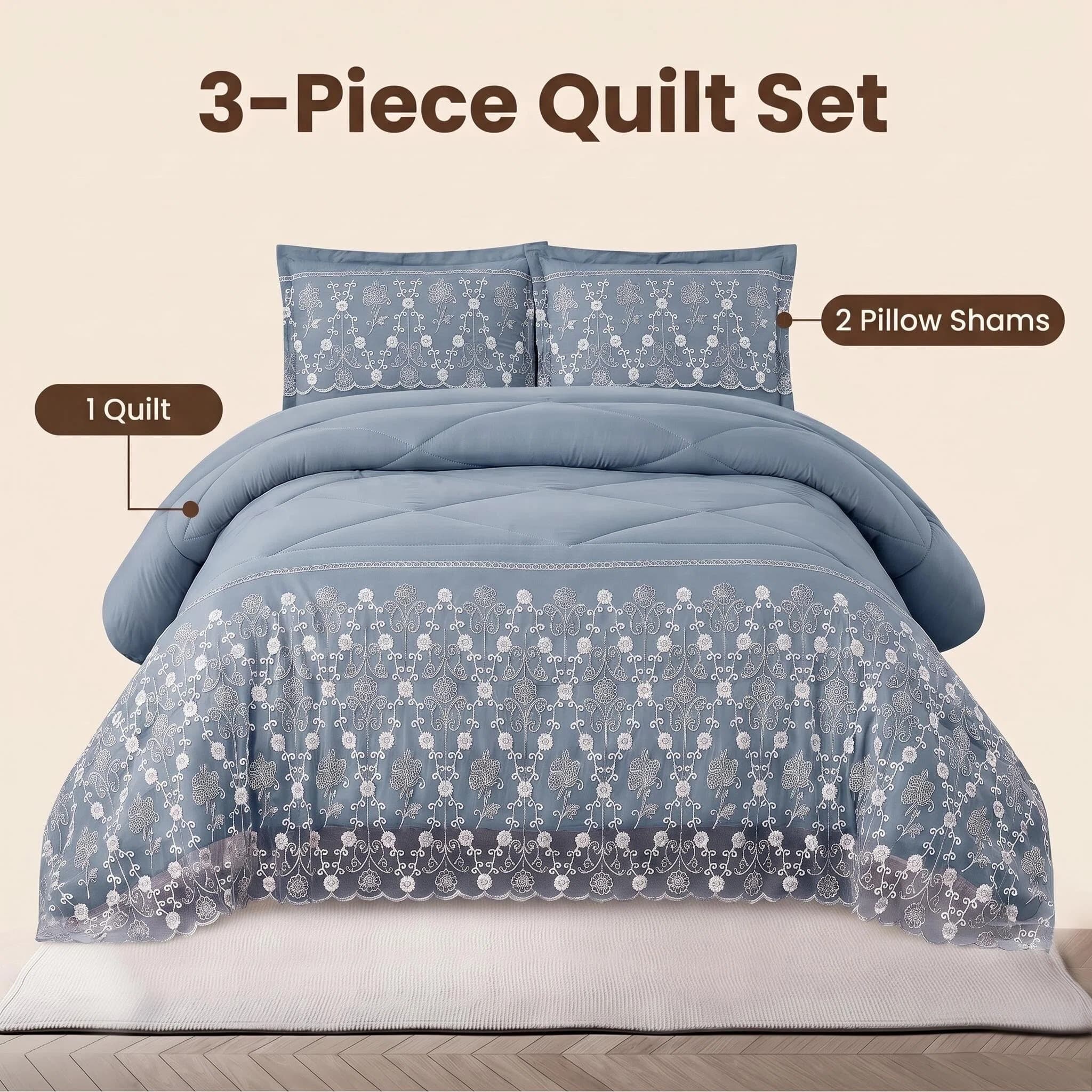 3-Piece Lace Embroidered Comforter Set with 2 Pillow Shams, Elegant Floral Bedding for Queen, King and California King Beds