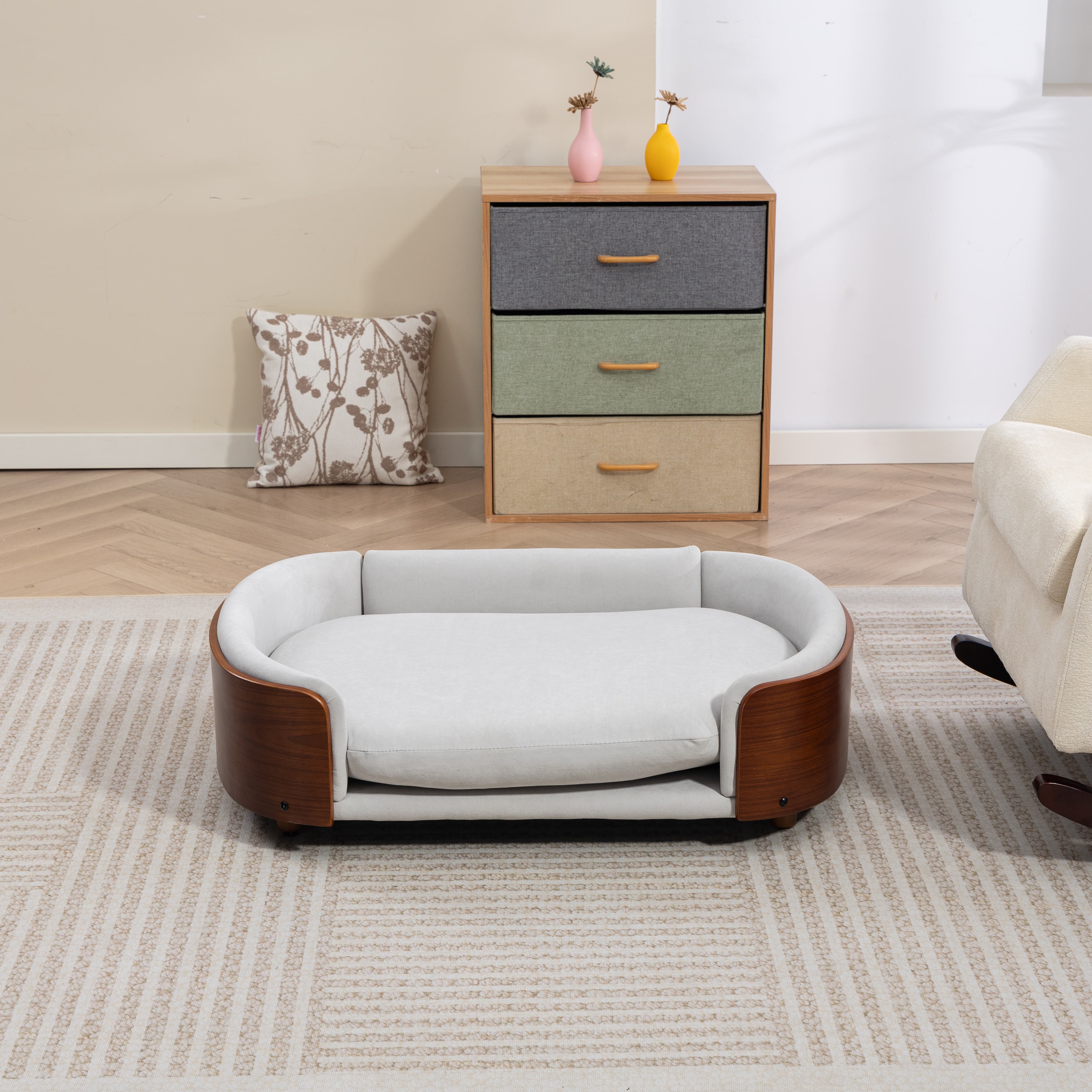 Scandinavian style Elevated Dog Bed Pet Sofa With Solid Wood legs and Walnut Bent Wood Back, Velvet Light Gray,Large Size