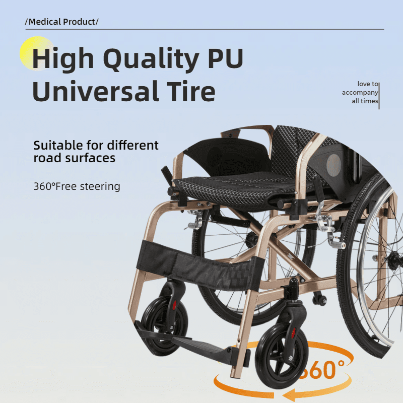 Aluminum Foldable Lightweight Adult Wheelchair, New Square Tube Design, 18" Seat with Front and Rear Locking Hand Brakes, 22" Rear Wheels, Color Champagne gold
