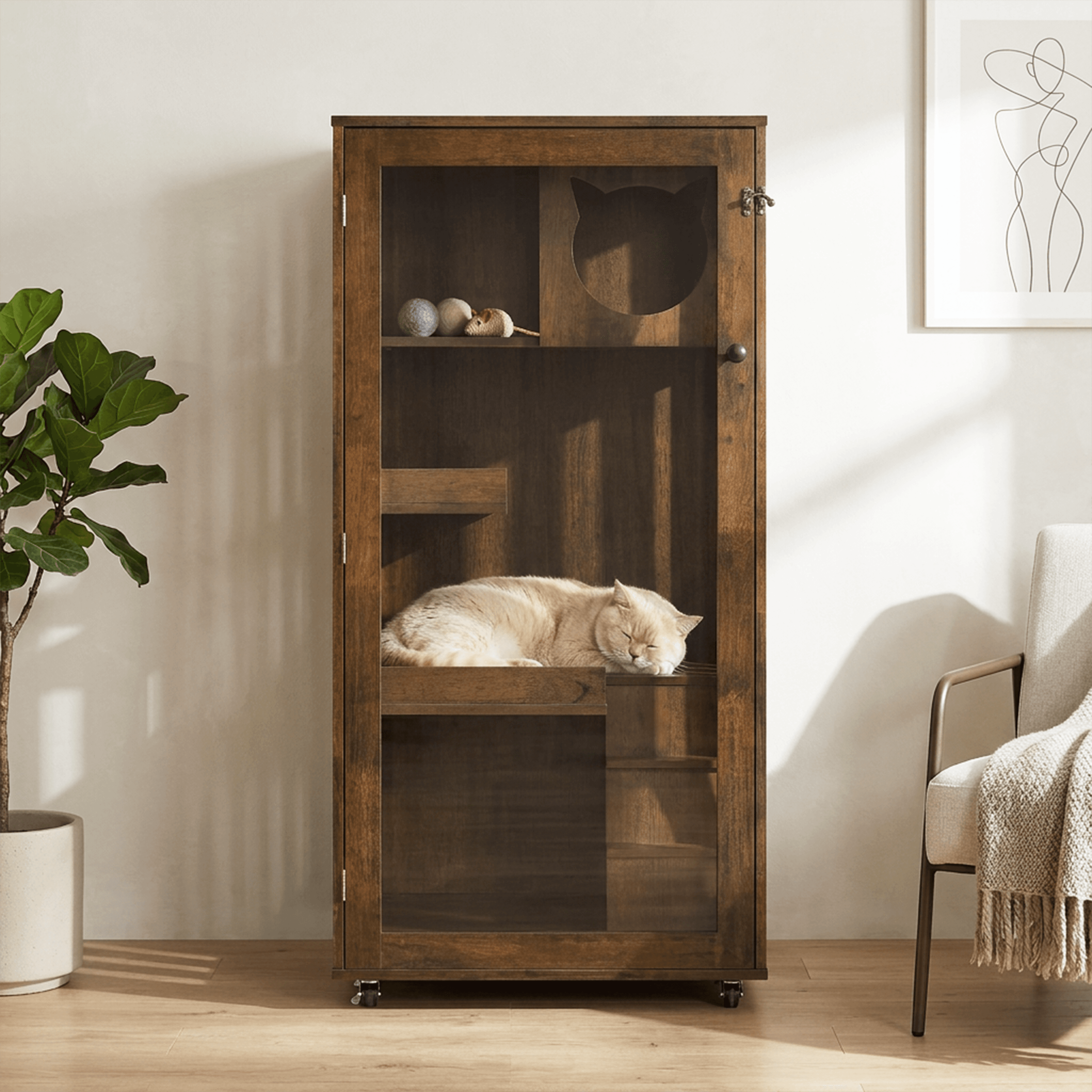 Basia Indoor Rubber Wood Cat Cabinet with Wheels, Ventilated Indoor Cat Condo with Multi-Level Shelves & Lockable Door, Safe & Spacious Cat Enclosure for Home Living, Brown Oak Finish