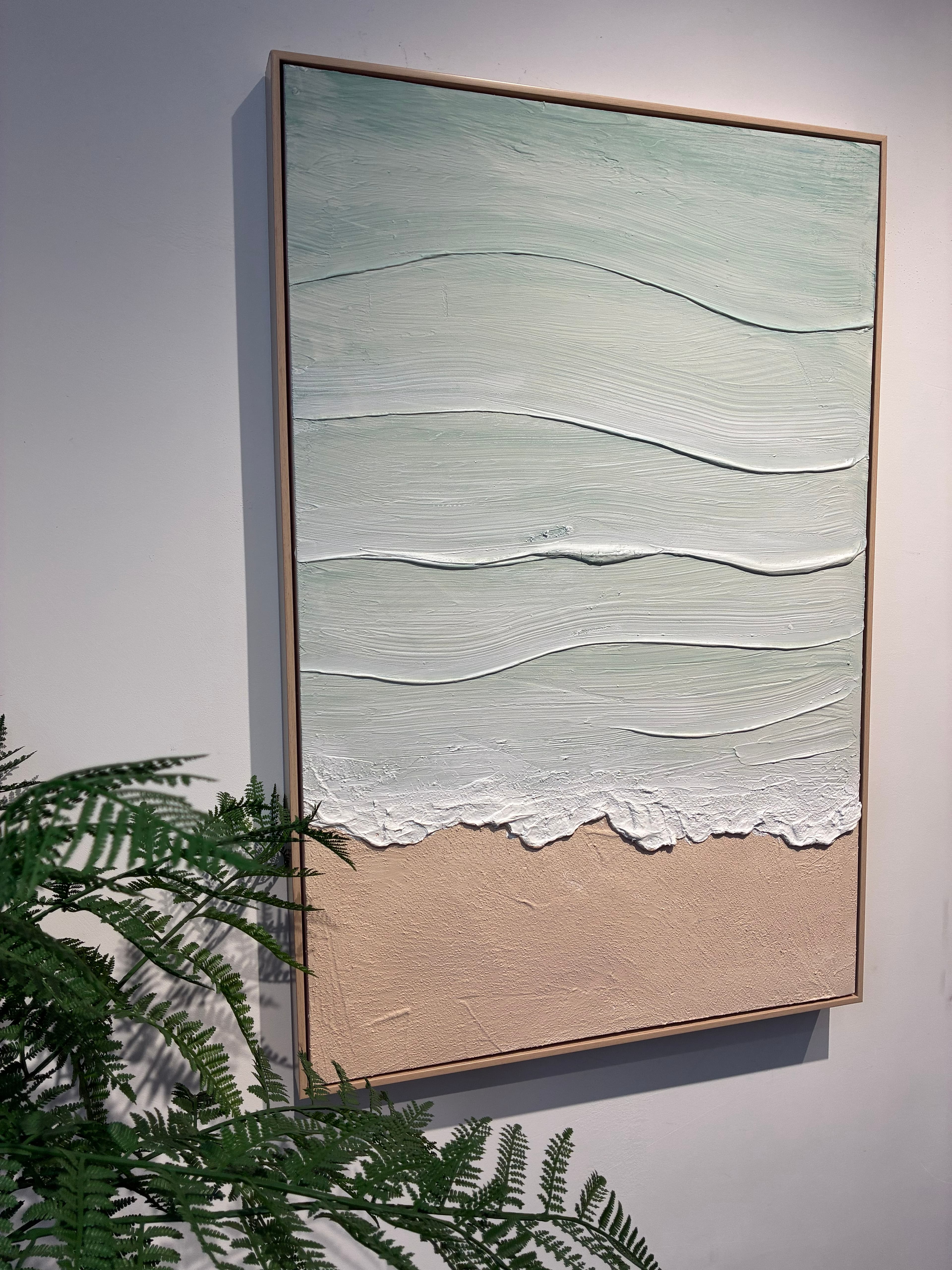 24x36 Framed Coastal Beach Wall Art, Aqua Blue & Beige Textured Canvas Painting, Neutral Ocean Decor for Living Room Bedroom, Ready to Hang