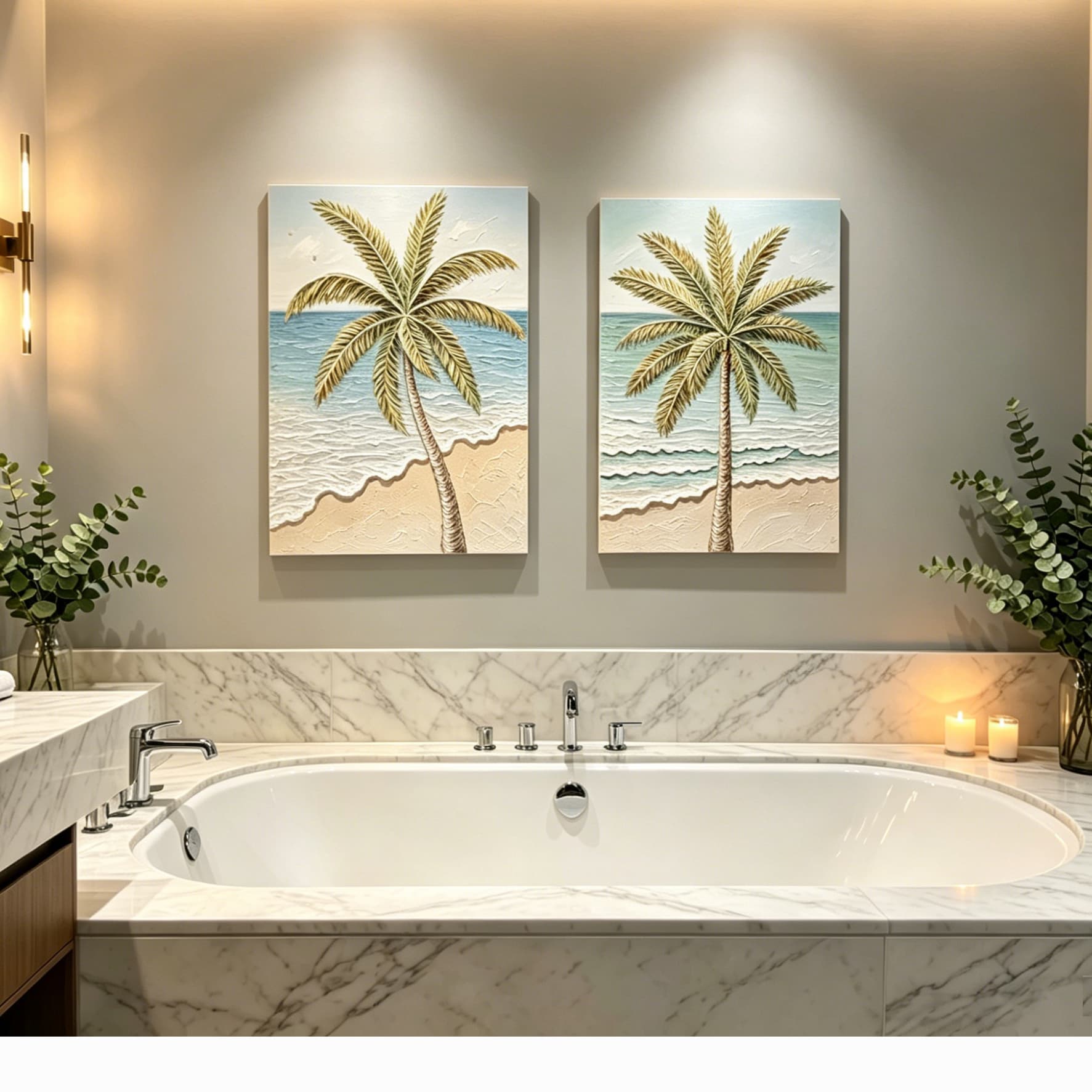 24x30 Set of 2 Palm Tree Wall Art, Aqua Blue & Beige Beach Canvas Painting with Gold Accents, Hand-Painted Textured Tropical Decor for Living Room, Ready to Hang
