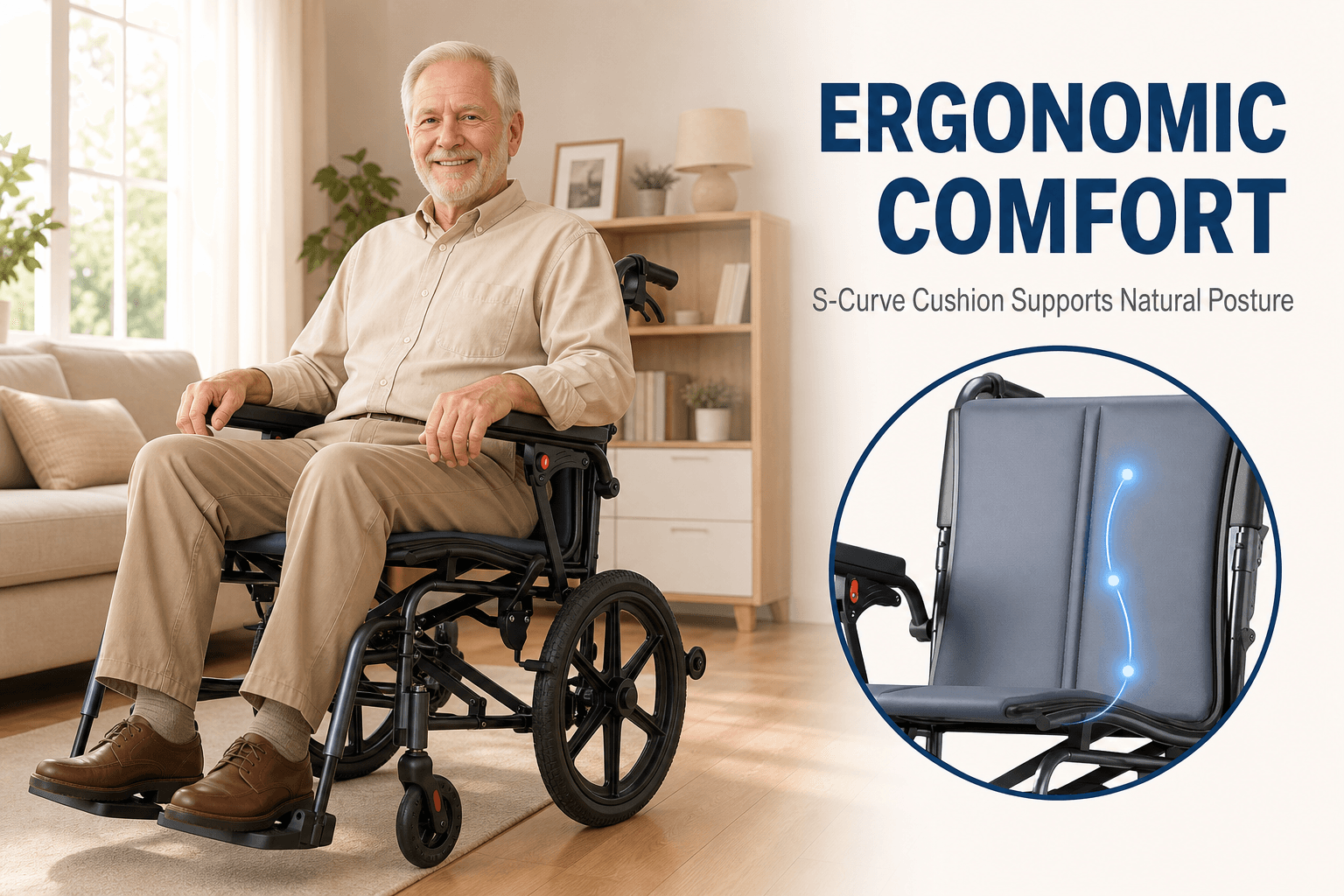 Adult Wheelchair, 16-inch Ergonomic Foldable Aluminum Transport Wheelchair with Flip-Up Armrests and Brakes