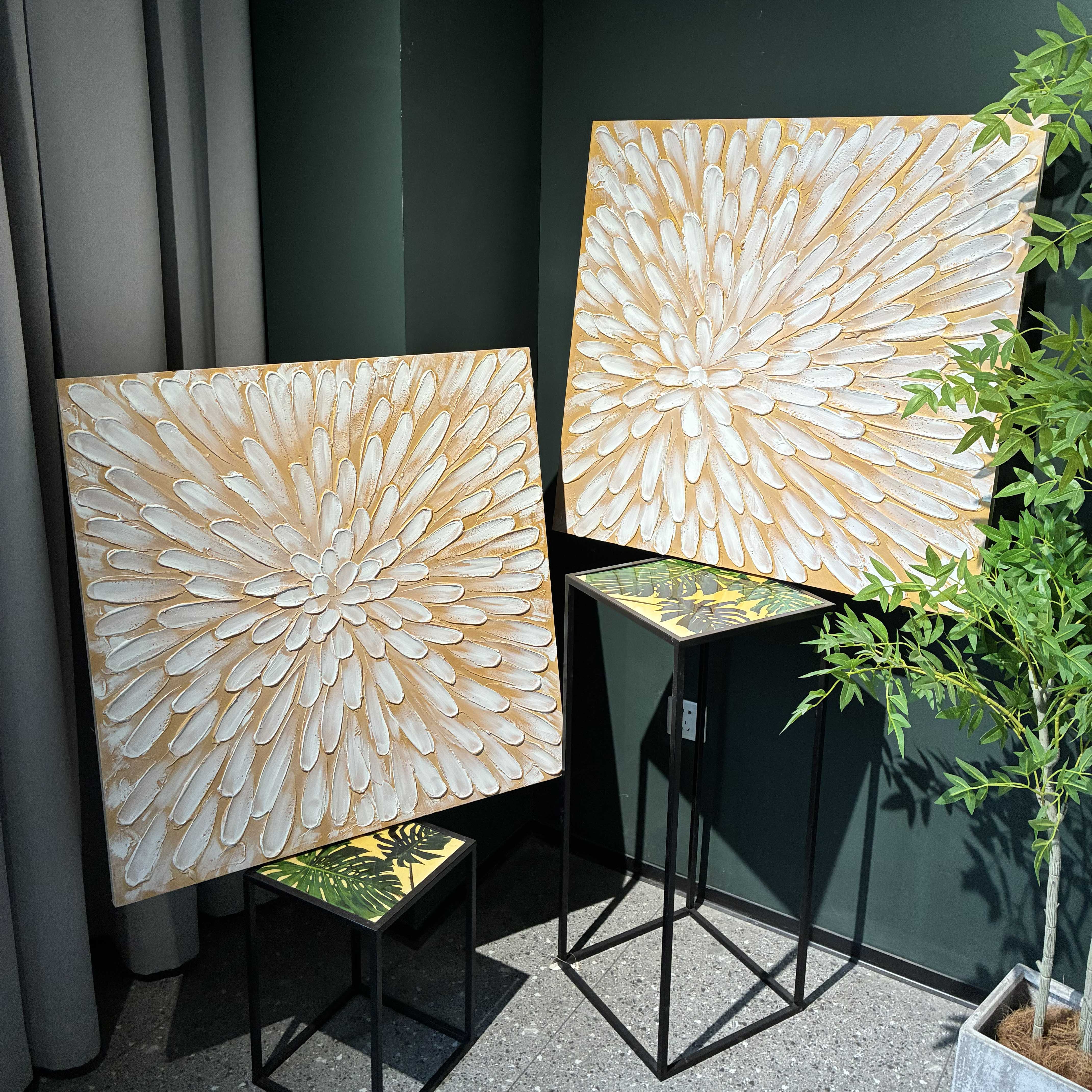 32x32 Set of 2 Antique White Gold Textured Floral Canvas Wall Art, Hand-Painted Thick Impasto Flower Painting, Framed Neutral Decor for Living Room Bedroom, Ready to Hang